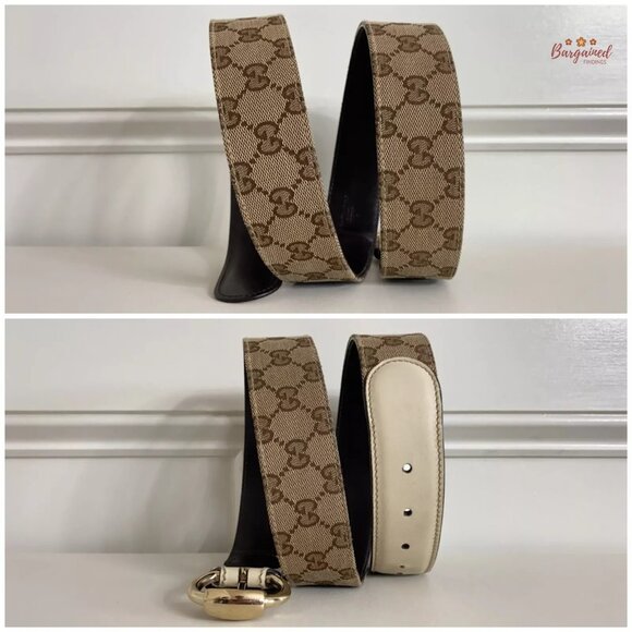 Authentic Gucci Brown Monogram Canvas Leather Gold Horsebit Ring Belt Size 90/36 - Picture 8 of 13